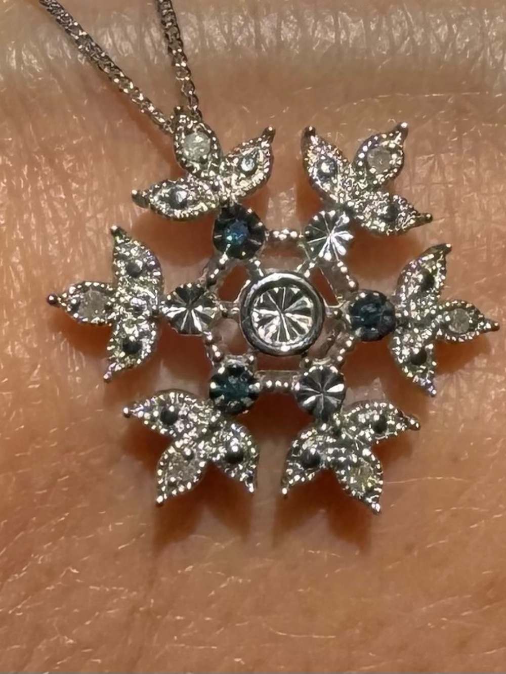 Sparkling Silver Floral Snowflake Pendant Necklace - Blue Accent